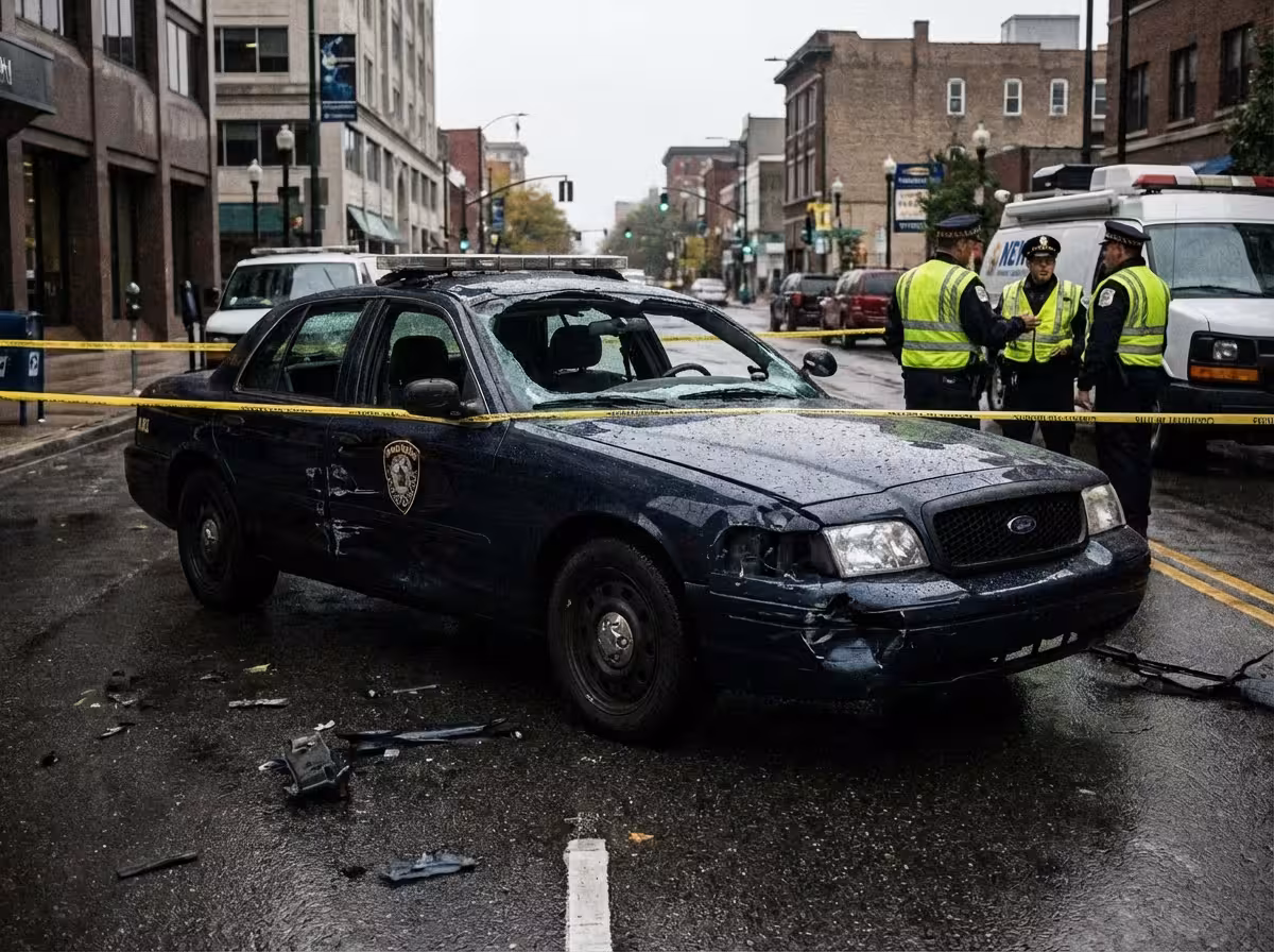 Damaged law enforcement vehicle after attack